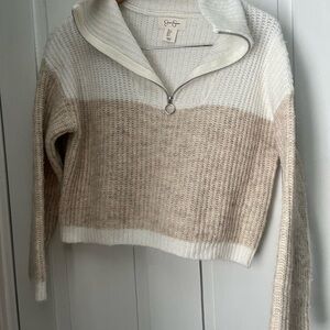 Jessica Simpson Tan and White V-Neck Sweater